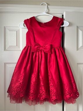Sweet Heart Rose Red Satin Flower-Cut Hem Bow Party Dress
